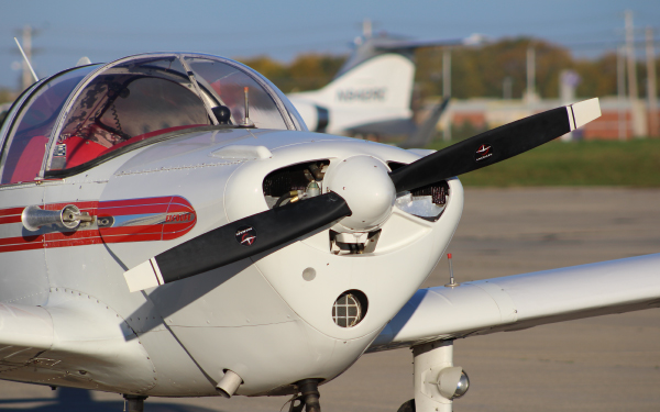 Close up of a general aviation plane parked on the ramp